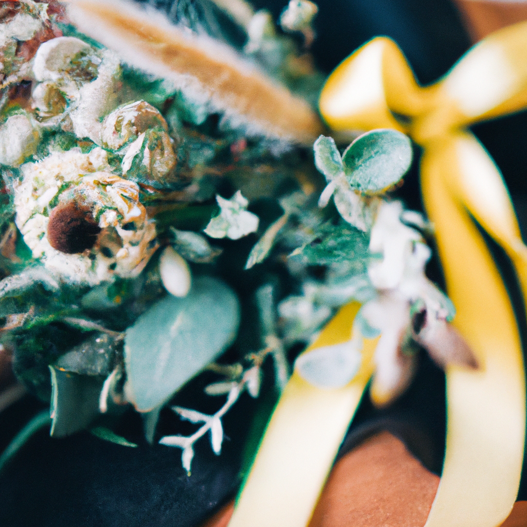 Hand-tied bouquet close-up with natural ribbons and textural greens, soft focus background.