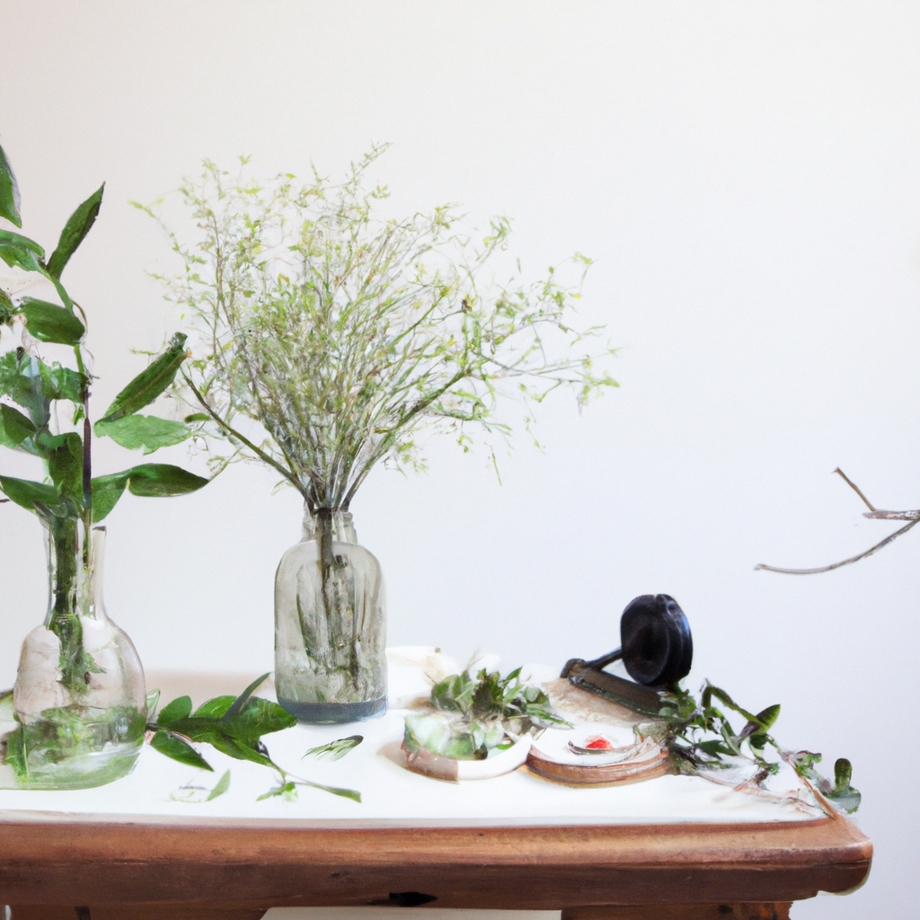 Minimalist floristry studio workspace with vases, shears, and greenery in soft natural light.