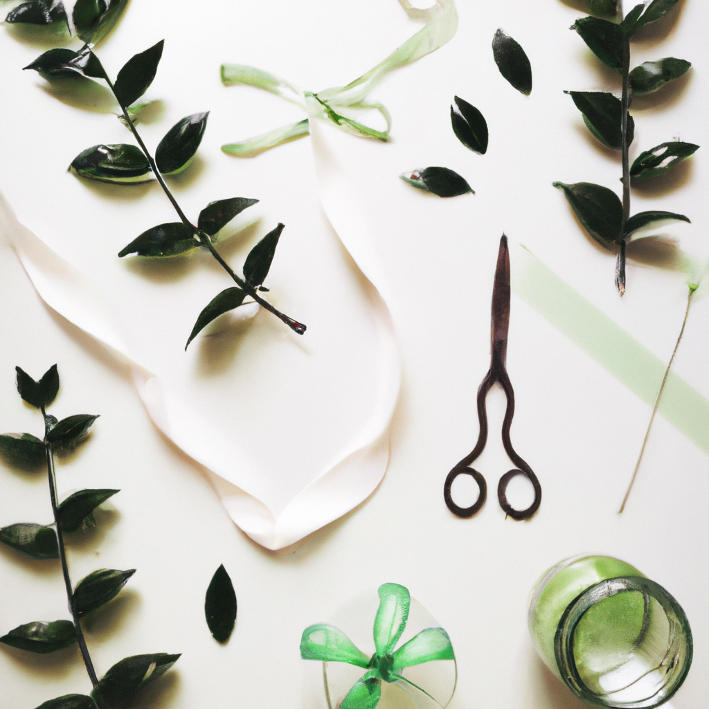 Editorial botanical styling flatlay with white background, greenery, scissors, and ribbons.
