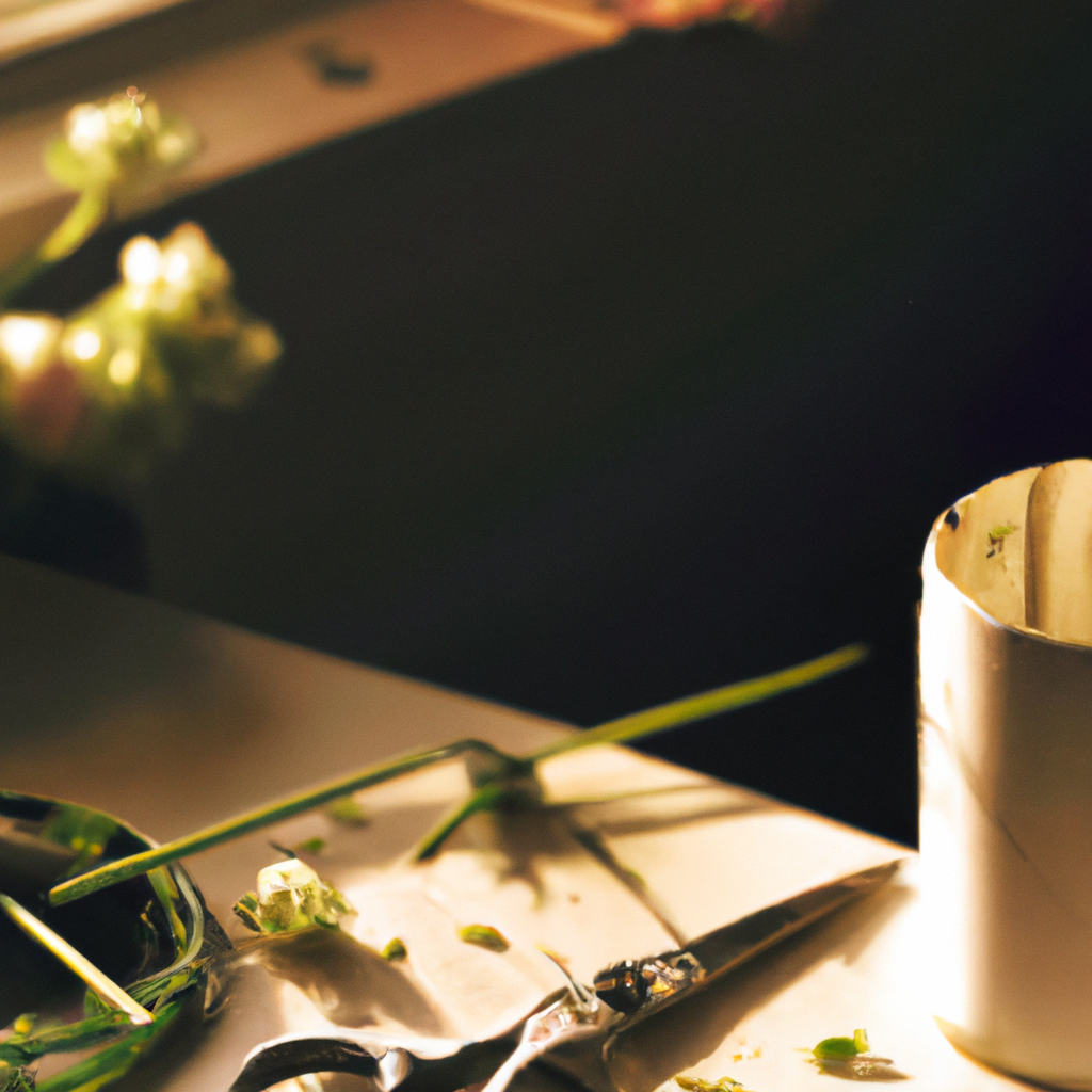 Minimalist floristry workspace with cream vase, green stems, floral shears, and soft window light.