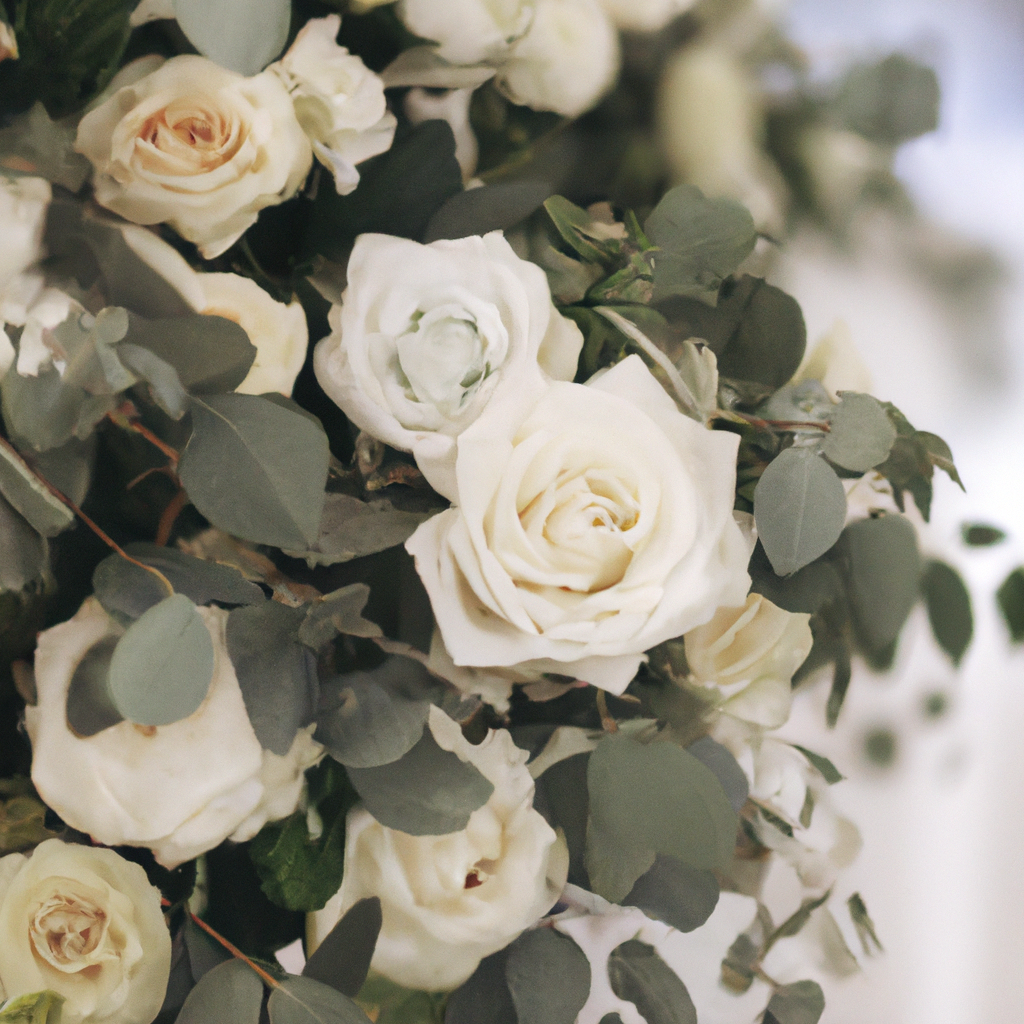Wedding floral design scene with white roses, greenery, and a clean minimal background.